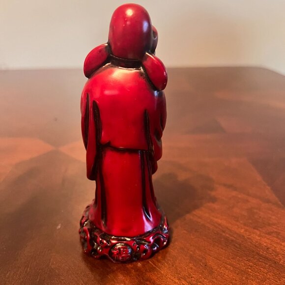 Asian-Inspired Red Resin Figurine Elder Holding Child Detailed Decorative Statue - Picture 4 of 7